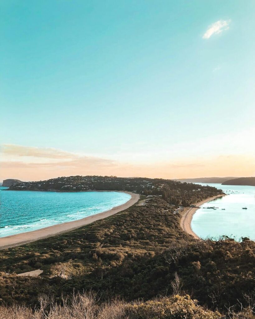 Stunning aerial capture of Palm Beach, NSW, highlighting turquoise waters and lush greenery.