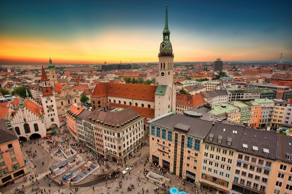 aerial view of city buildings during sunset